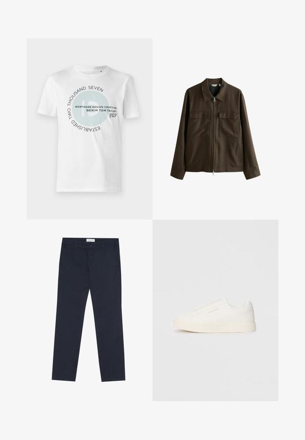 Barna dzseki, szőtt anyagból készült, galléros nyakkal, elülső cipzárral, két nagy mellzsebbel, egyenes szabással és hosszú ujjakkal.; Fehér pamut póló, kör alakú grafikával, amelyen fekete és világoskék "ID" felirat és szövegelemek találhatók. Klasszikus kerek nyakkivágás és rövid ujjú.; Sötétkék vászon nadrág, amely pamutból készült, sima tapintású, cipzáras záródással, övhurkokkal és oldalsó zsebekkel a praktikum érdekében.; Fehér slip-on sportcipők texturált felülettel, vastag talppal és minimalista dizájnnal. Az oldalon a márka logója található.