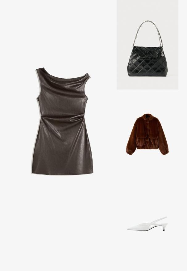 Brown faux fur cropped jacket with a round collar, wide sleeves, and two front pockets. Soft texture with a plush appearance.; Dark brown sleeveless dress made of smooth faux leather, featuring a draped neckline and form-fitting silhouette with an angular hem.; White slingback heel with pointed toe, featuring a smooth upper, subtle cutouts, and a low block heel. Black sole accentuates design.; Black quilted leather handbag with a silver chain handle, featuring a structured design and smooth texture.