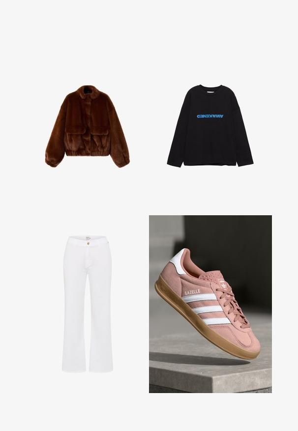 Brown faux fur cropped jacket with a round collar, wide sleeves, and two front pockets. Soft texture with a plush appearance.; Black long-sleeve t-shirt made of cotton, featuring the word "AWAKENED" in bold blue letters, printed horizontally across the front.; White, flared trousers made of cotton with a front button closure and belt loops, featuring a smooth texture and tailored design.; Pink suede sneaker with white stripes, rubber gum sole, textured upper, and logo on tongue. Classic low-top design.