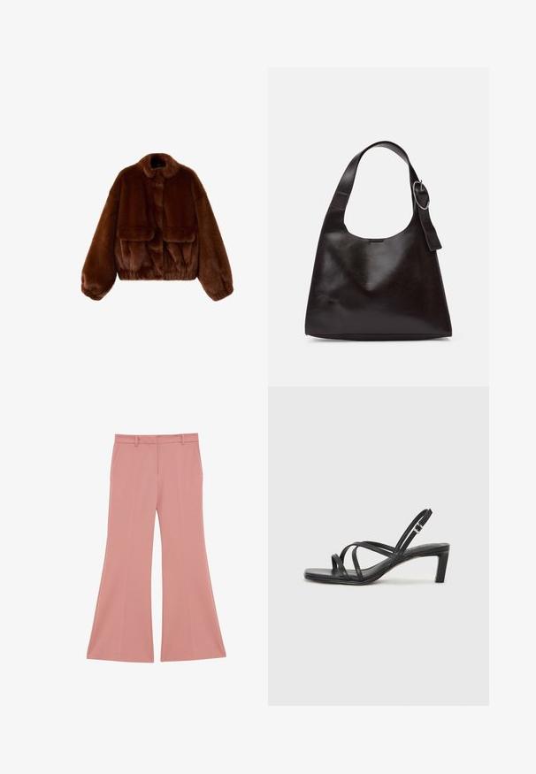 Brown faux fur cropped jacket with a round collar, wide sleeves, and two front pockets. Soft texture with a plush appearance.; Taupe cropped short-sleeve T-shirt with crew neckline and small branded detail near the bottom hem.; Flared trousers in soft pink fabric, featuring a tailored silhouette, visible side pockets, and a smooth texture with clean seams.; Black strappy sandal with a square toe and a low block heel. Features multiple thin straps and an adjustable ankle strap. Made of smooth leather.; Brown leather shoulder bag with a smooth texture, rounded shape, wide strap, and circular metallic accent on the handle.