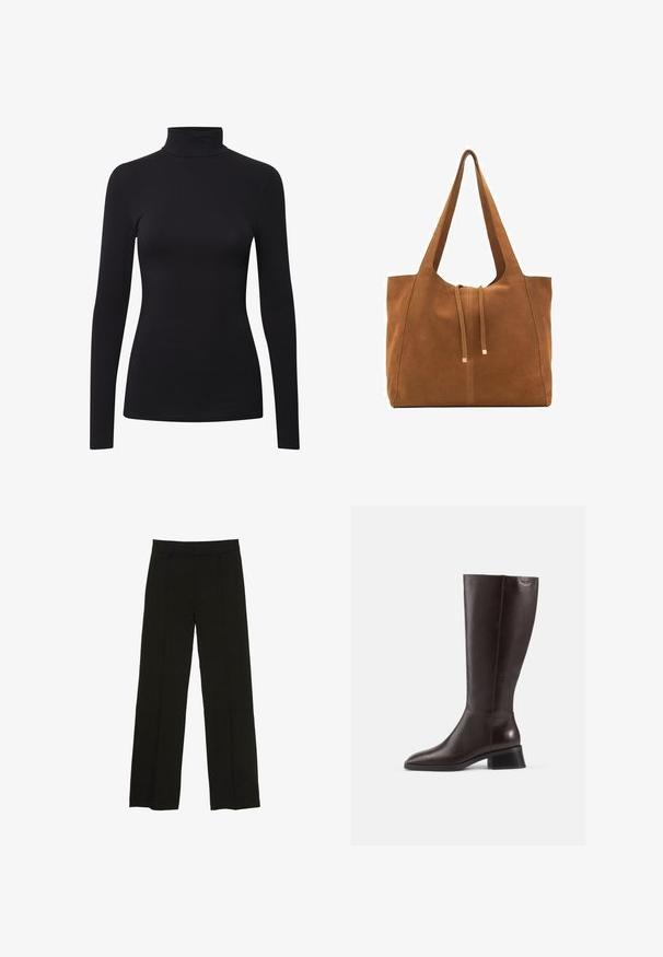 Jachetă scurtă din blană artificială maro, cu guler rotund, mâneci largi și două buzunare frontale. Textură moale cu un aspect pufos.; Cămașă neagră cu mâneci lungi și guler înalt, realizată dintr-un material moale și elastic, având un design ajustat și o construcție fără cusături pentru un aspect uniform.; Pantaloni largi negri, confecționați dintr-un material fin, cu un talie ajustată și pliuri frontale subtile pentru un plus de textură.; Botine din piele maro, până la genunchi, cu finisaj neted, vârf rotund și toc negru, stratificat. Design simplu, cu detalii hardware minime.; Geantă tote din suede maro cu două mânere lungi, închidere prin șnur și un design minimalistic. Textură netedă și fără accente vizibile de hardură.