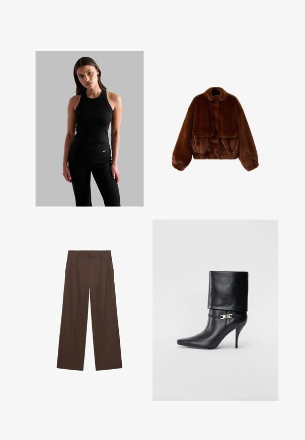 Smeđa lažna krznena jakna skraćenog kroja s okruglim ovratnikom, širokim rukavima i dva prednja džepa. Mekan materijal s plišanom pojavom.; Crna rebrasta majica bez rukava s okruglim izrezom, prilagođenog kroja i tankim naramenicama, u kombinaciji s crnim hlačama visokog struka koje imaju mali logo detalj.; Smeđe široke hlače napravljene od glatkog materijala, sa visokim strukom, prednjim nabiranjima i dva bočna džepa.; Crna kožna gležnjača s šiljastim prstom, visokim stiletto potplatom, preklopnim rubom i zlatnom dekorativnom kopčom na gležnju.