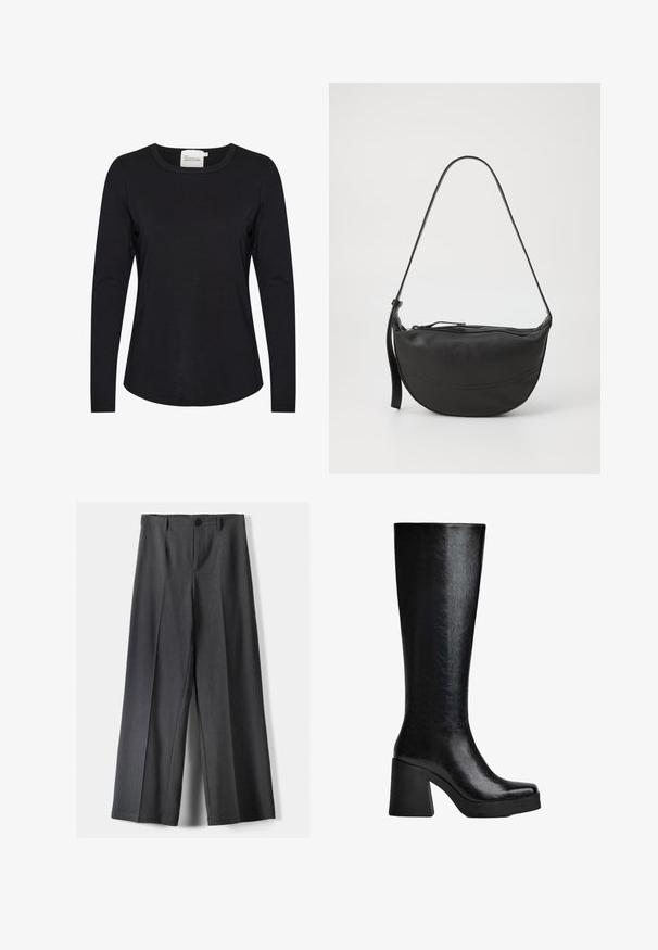 Jachetă scurtă din blană artificială maro, cu guler rotund, mâneci largi și două buzunare frontale. Textură moale cu un aspect pufos.; Cămașă neagră cu mânecă lungă, realizată dintr-un material neted, având un guler rotund și o curbură ușoară la tiv, cu detalii minime de cusut.; Pantaloni evazați din țesătură gri închis, cu închidere cu buton, pliseuri frontale și curea. Textură netedă cu un design ajustat.; Cizmă neagră, până la genunchi, fabricată dintr-un material sintetic texturat, având vârful pătrat, toc gros și înalt, precum și o suprafață netedă și lucioasă.; Geantă de umăr din piele neagră, cu formă curbată, curea unică, închidere cu fermoar și detalii subtile de cusătură pe corp.