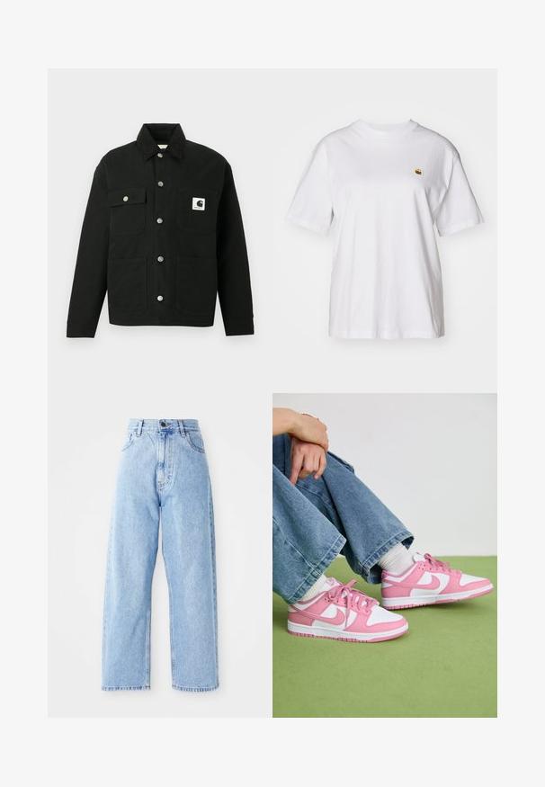 Fekete gombos dzseki négy első zsebbel, fémből készült gombokkal, kordbársony gallérral és egy fehér Carhartt logó folttal a jobb felső zseben.; Fehér pamut póló laza szabással, rövid ujjakkal és egy kis hímzett logóval a bal mellrészén.; Magas derekú világoskék farmernadrág egyenes széles lábakkal, elülső gombbal, cipzáros záródással, valamint elülső és hátsó zsebekkel.; Rózsaszín és fehér Nike sneaker, bőr és hálós anyagokból készült, kontrasztos formákkal, kerek orrával, valamint illeszkedő rózsaszín fűzőkkel és díszítésekkel.
