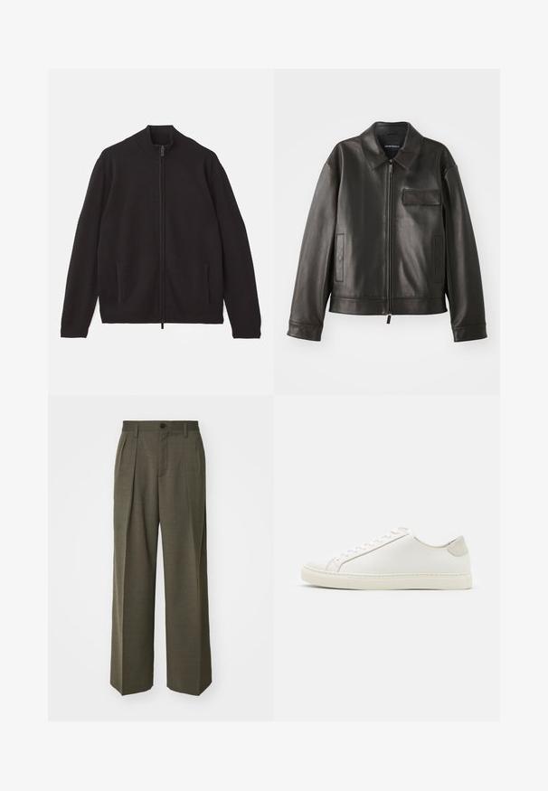 Czarna skórzana kurtka z kołnierzykiem, przednim zamkiem błyskawicznym i dwiema bocznymi kieszeniami. Posiada kieszeń na piersi z klapką i gładką fakturę.; Emporio Armani - Kardigan; Filippa K - Spodnie materiałowe; Białe skórzane sneakersy o gładkiej powierzchni, okrągłym nosku i minimalistycznym wzornictwie. Zawierają beżowe akcenty na pięcie oraz gumową podeszwę.