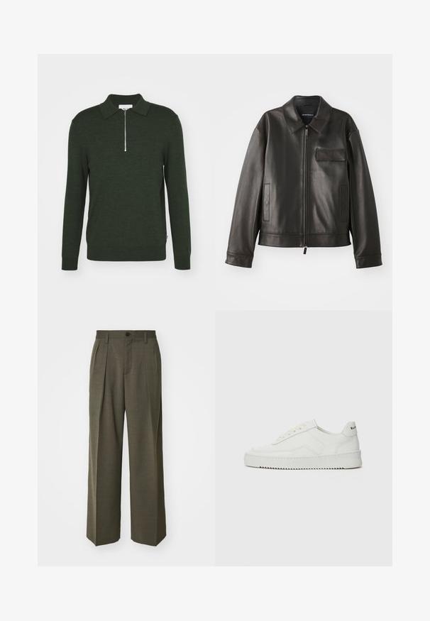 Zwarte leren jas met een kraag, voorkant met rits en twee zijzakken. Heeft een borstzak met klepsluiting en een gladde textuur.; NN.07 SERGIO - Trui - dark army; Filippa K WIDE TROUSERS - Broek - driftwood; Witte leren sneaker met een gladde afwerking, ronde neus, platte veters en een gestructureerde zool. Kenmerkt zich door een subtiel logo op de hiel.