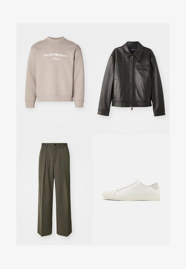 Black leather jacket with a collar, front zipper, and two side pockets. Features a chest pocket with flap detail and smooth texture.; Gray sweatshirt featuring a crew neck, long sleeves, and a white logo detailing "EMPORIO ARMANI Milano" on the front. Smooth texture.; Filippa K WIDE TROUSERS - Trousers - driftwood; White leather sneaker with a smooth surface, round toe, and minimalistic design. Features beige accents on the heel and a rubber sole.