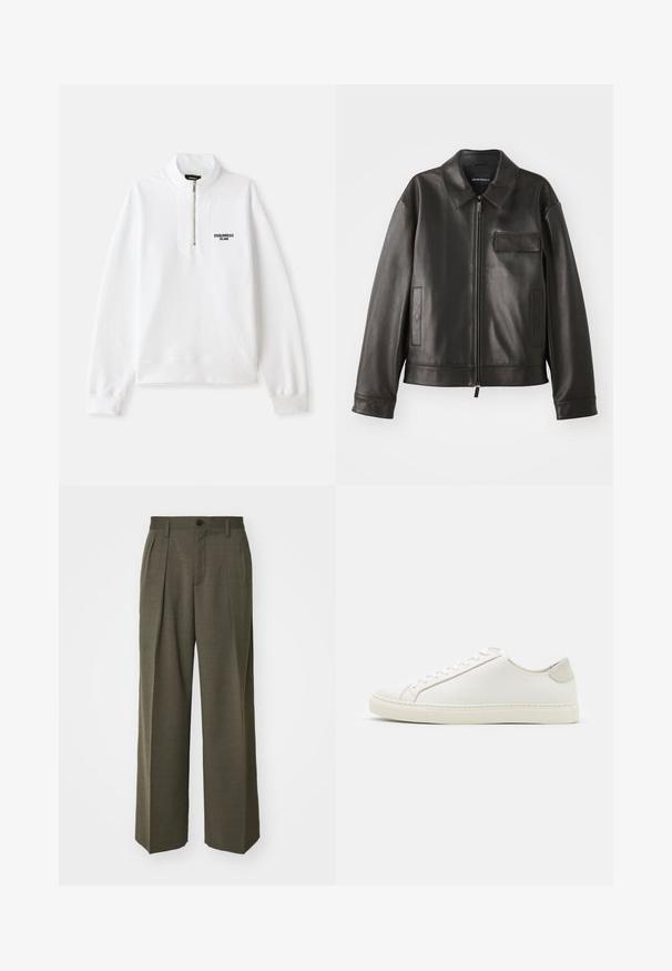 Zwarte leren jas met een kraag, voorkant met rits en twee zijzakken. Heeft een borstzak met klepsluiting en een gladde textuur.; Witte zip-up sweatshirt met hoge kraag, featuring een voorlogo in het zwart. Zacht materiaal, ontspannen pasvorm, geribbelde boorden en onderrand.; Filippa K WIDE TROUSERS - Broek - driftwood; Witte leren sneaker met een gladde oppervlakte, ronde neus en minimalistisch ontwerp. Heeft beige accenten op de hiel en een rubberen zool.