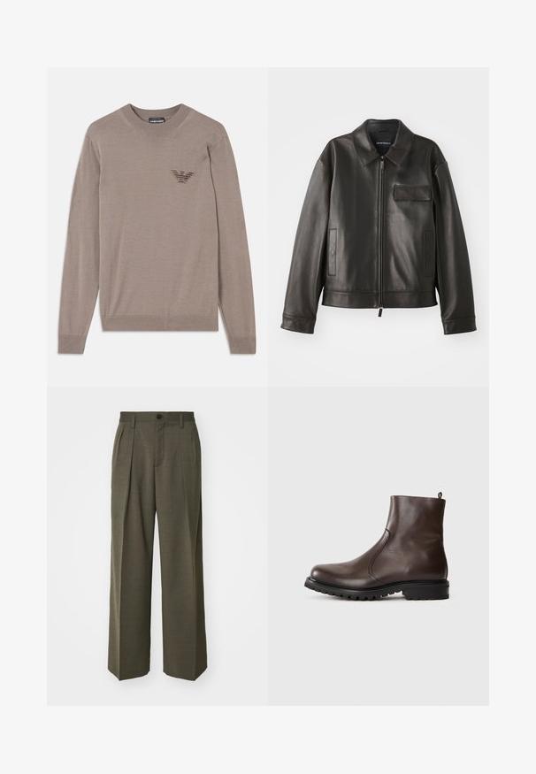 Čierna kožená bunda s golierom, predným zipsom a dvoma bočnými vreckami. Obsahuje aj vrecko na hrudi s chlopňou a hladký povrch.; Béžový sveter s dlhými rukávmi, okrúhlym výstrihom, rebrovaným lemom a vyšívaným logom v oblasti hrude. Vyrobený z jemného, ľahkého materiálu.; Filippa K WIDE TROUSERS - Nohavice - driftwood; Hnedé kožené členkové topánky s hladkým povrchom, elastickými bočnými panelmi, pŕhľavým pútkom vzadu a robustnou gumovou podrážkou.