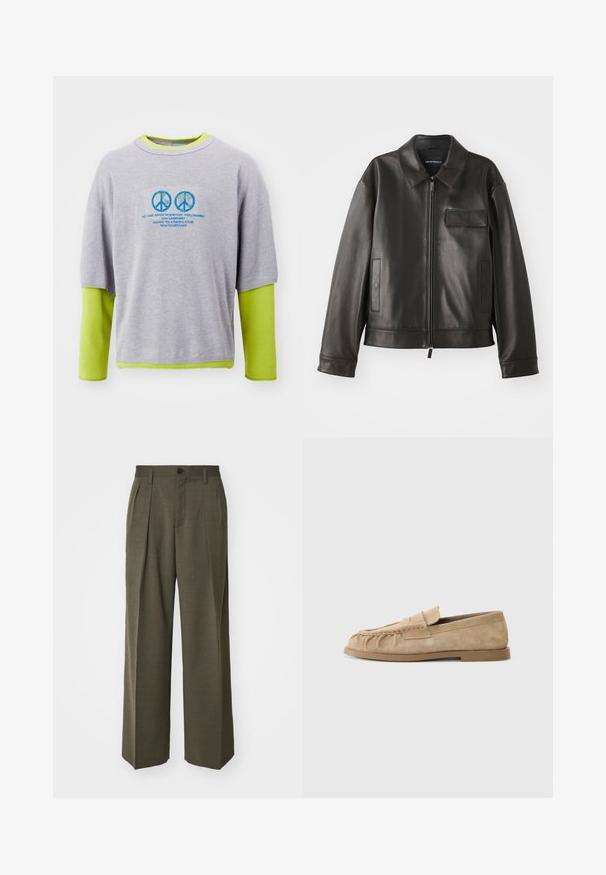Schwarze Lederjacke mit Kragen, Frontreißverschluss und zwei Seitentaschen. Verfügt über eine Brusttasche mit Klappendetail und glatter Textur.; Grauer Baumwoll-Sweatshirt mit einer leuchtend grünen Innenschicht, das blaue Friedenssymbole und Textdruck auf der Vorderseite aufweist. Kurze Ärmel, lockere Passform.; Langarmhemd in taupe Farbe, aus glattem Stoff gefertigt, mit einer Knopfleiste vorne und dunklen Knöpfen, sowie einem kleinen Logo auf der Brust.; Filippa K WIDE TROUSERS - Stoffhose - driftwood; Beige Wildleder Slipper mit einer gerafften Gestaltung, ausgestattet mit einer flachen Sohle und einem dekorativen Riemen über dem Rist. Glatte Textur.