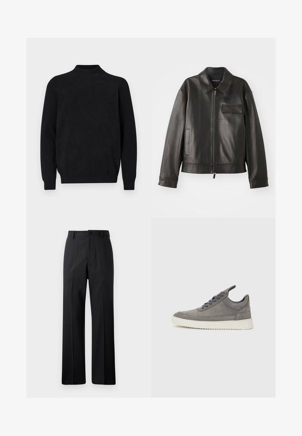 Black leather jacket with a collar, front zipper, and two side pockets. Features a chest pocket with flap detail and smooth texture.; Black knitted sweater with a high neck, long sleeves, and ribbed texture. Simple, solid design with a relaxed fit and no visible patterns.; Black straight-leg trousers with belt loops, front button, and zipper closure, displayed against a plain white background.; Gray suede sneaker with a textured finish, featuring a white rubber sole, round laces, and a low-top design.