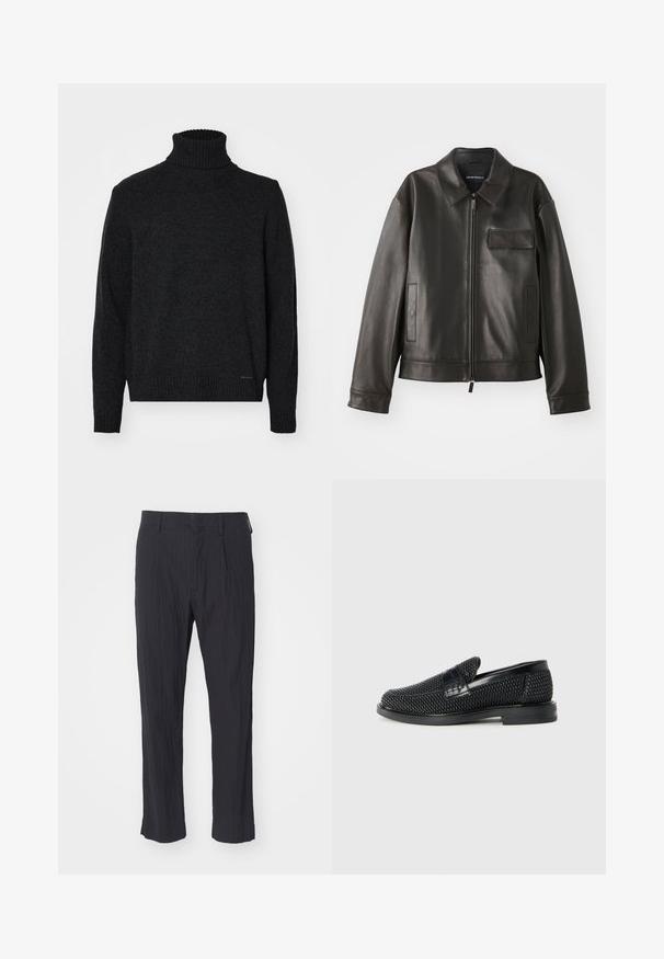 Schwarze Lederjacke mit Kragen, Frontreißverschluss und zwei Seitentaschen. Verfügt über eine Brusttasche mit Klappendetail und glatter Textur.; Schwarzer Rollkragenpullover aus weichem Material, mit geripptem Kragen, Bündchen und Saum, glatter Textur und ohne sichtbare Muster.; Schwarze plissee Hosen aus strukturiertem Stoff, mit geradem Bein und normalem Bund. Keine sichtbaren Taschen oder Beschläge.; Schwarzer geflochtener Slipper mit einem glatten Lederakzent im Obermaterial, einem runden Zehendesign und einer flachen Gummisohle.