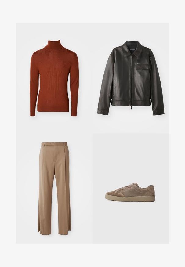 Black leather jacket with a collar, front zipper, and two side pockets. Features a chest pocket with flap detail and smooth texture.; Bronze ribbed turtleneck sweater with long sleeves, featuring a fitted design and textured fabric, suitable for layering or standalone wear.; Light brown tailored trousers with straight legs, belt loops, front seam, and concealed fastening, displayed flat on white background.; Brown suede low-top sneaker with flat rubber sole, lace-up closure, and stitching details, shown from the side on a plain background.