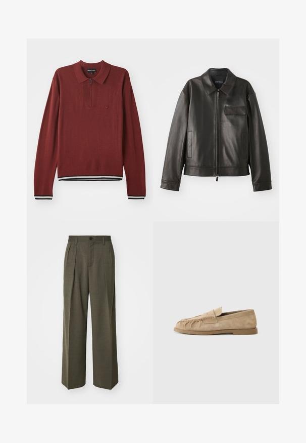 Juodas odinis švarkas su apykakle, priekiniu užtrauktuku ir dviem šoninėmis kišenėmis. Yra krūtinės kišenė su užsegimu ir lygaus paviršiaus tekstūra.; Tamsiai raudonas ilgomis rankovėmis polo marškinėliai su užtrauktuku apykakle, su juostelėmis iš mėlynos ir baltos spalvos, pagaminti iš minkštos medžiagos.; Filippa K WIDE TROUSERS - Kelnės - driftwood; Bežiniai suede slip-on loaferi su surinkta dizainu, turintys plokščią padas ir dekoratyvinę juostelę per vampą. Lygi tekstūra.