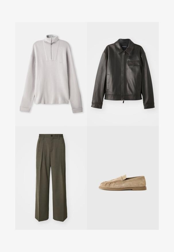Fekete bőr dzseki gallérral, elülső cipzárral és két oldalsó zsebbek. Jellemzője a mellzsebpocket, amely fakkal díszített, sima textúrával.; Világosszürke polár pulóver félig cipzáros gallérral, hosszú ujjaival és egy kis logóval a mellkason. Puha tapintású és laza illeszkedésű dizájn.; Filippa K WIDE TROUSERS - Nadrágok - driftwood; Beige velúr mokaszinek gyűrött dizájnnal, lapos talppal és díszes pánttal a vamp körül. Simább textúra.