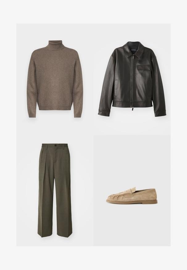 Schwarze Lederjacke mit Kragen, Frontreißverschluss und zwei Seitentaschen. Verfügt über eine Brusttasche mit Klappendetail und glatter Textur.; Brauner Rollkragenpullover aus weichem Strickmaterial. Mit gerippten Bündchen und Saum, locker sitzend und nahtlosem Design.; Filippa K WIDE TROUSERS - Stoffhose - driftwood; Beige Wildleder Slipper mit einer gerafften Gestaltung, ausgestattet mit einer flachen Sohle und einem dekorativen Riemen über dem Rist. Glatte Textur.