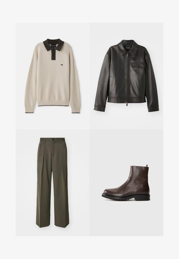 Jachetă din piele neagră cu guler, fermoar frontal și două buzunare laterale. Include un buzunar pe piept cu detaliu de clapetă și textură netedă.; Pulover bej cu mânecă lungă, cu guler negru și placket cu nasturi, logo negru pe piept, manșete și tiv cu bordură neagră.; Filippa K WIDE TROUSERS - Pantaloni - driftwood; Botină din piele maro, cu o textură netedă, panouri elastice pe laterale, buclă în partea din spate și talpă din cauciuc robustă.