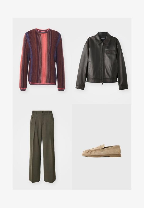 Giacca di pelle nera con colletto, zip frontale e due tasche laterali. Presenta una tasca sul petto con dettaglio a patta e una texture liscia.; Paul Smith CREW NECK - Maglione - red/multi; Filippa K WIDE TROUSERS - Pantaloni - driftwood; Mocassini slip-on in suede beige con un design arricciato, dotati di suola piatta e una fascia decorativa sul collo del piede. Texture liscia.