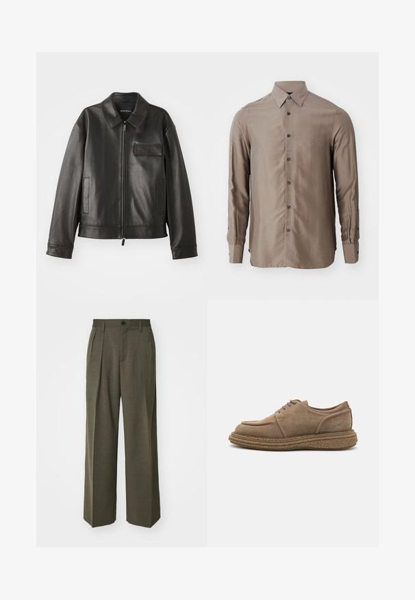 Jachetă din piele neagră cu guler, fermoar frontal și două buzunare laterale. Include un buzunar pe piept cu detaliu de clapetă și textură netedă.; Cămașă cu mâneci lungi, de culoare taupe, realizată dintr-un material neted, cu un închidere cu butoni și butoni închis la culoare, având un mic logo pe piept.; Filippa K WIDE TROUSERS - Pantaloni - driftwood; Pantofi din suède maro, cu șireturi, vârful rotunjit, talpă din plută texturată și toc ușor înălțat. Accente de cusătură simple pe laterale.