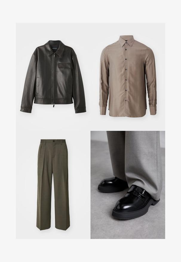 Zwarte leren jas met een kraag, voorkant met rits en twee zijzakken. Heeft een borstzak met klepsluiting en een gladde textuur.; Langarm overhemd in een taupe kleur, gemaakt van een gladde stof, met een knoopsluiting aan de voorkant en donkere knopen, voorzien van een klein logo op de borst.; Filippa K WIDE TROUSERS - Broek - driftwood; The Antipode DERBY - Instappers - black