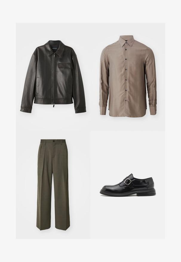 Black leather jacket with a collar, front zipper, and two side pockets. Features a chest pocket with flap detail and smooth texture.; Long-sleeve shirt in a taupe color, made of smooth fabric, featuring a button-up front and dark buttons, with a small logo on the chest.; Filippa K WIDE TROUSERS - Trousers - driftwood; The Antipode BROGUE - Slip-ons - black