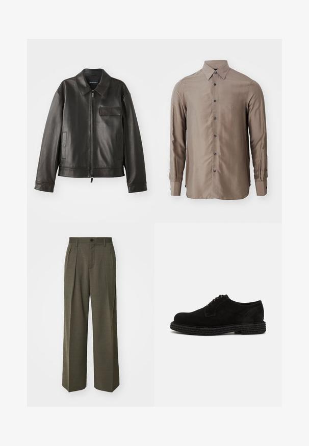 Melna ādas jaka ar apkakli, priekšējo rāvējslēdzi un diviem sānu kabatām. Iezīmē krūšu kabatu ar atloku un gludu tekstūru.; Ilgi piedurkņu krekls pelēkā krāsā, izgatavots no gludas auduma, ar pogājamu priekšpusi un tumšām pogām, ar mazu logotipu uz krūšu vietas.; Filippa K WIDE TROUSERS - Auduma bikses - driftwood; The Antipode DERBY - Šņorkurpes - black
