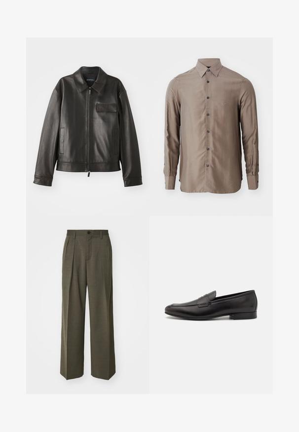 Veste en cuir noir avec un col, fermeture éclair à l'avant et deux poches latérales. Dispose d'une poche poitrine avec un rabat et une texture lisse.; Chemise à manches longues de couleur taupe, en tissu lisse, avec un devant à boutons et des boutons foncés, ornée d'un petit logo sur la poitrine.; Filippa K WIDE TROUSERS - Pantalon classique - driftwood; Mocassins en cuir noir au design épuré, à bout arrondi et talon bas empilé. Présentent un détail décoratif en couture sur le dessus.