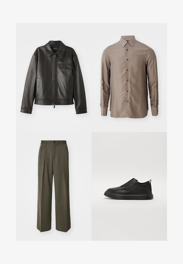 Must värvi nahast jakk, millel on krae, esitõmblus ja kaks külge taskut. Omab rinna taskut klapiga detailiga ja sujuva tekstuuriga.; Pikkade varrukatega särk taupe värvuses, valmistatud siledast kangast, millel on nööbid ees ja tumedad nööbid, ning rinnas on väike logo.; Filippa K WIDE TROUSERS - Püksid - driftwood; The Antipode Tossud - black