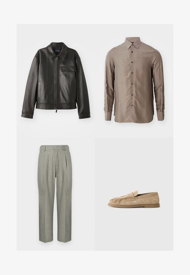Czarna skórzana kurtka z kołnierzykiem, przednim zamkiem błyskawicznym i dwiema bocznymi kieszeniami. Posiada kieszeń na piersi z klapką i gładką fakturę.; Koszula z długim rękawem w kolorze taupe, wykonana z gładkiego materiału, z zapięciem na guziki z ciemnymi guzikami oraz małym logo na klatce piersiowej.; Jasnoszare spodnie z teksturowanej tkaniny. Posiadają prosty krój nogawki, fałdy z przodu oraz płaski pas.; Beżowe zamszowe mokasyny wsuwane z marszczonym wzorem, z płaską podeszwą i ozdobnym paskiem na wierzchu. Gładka faktura.