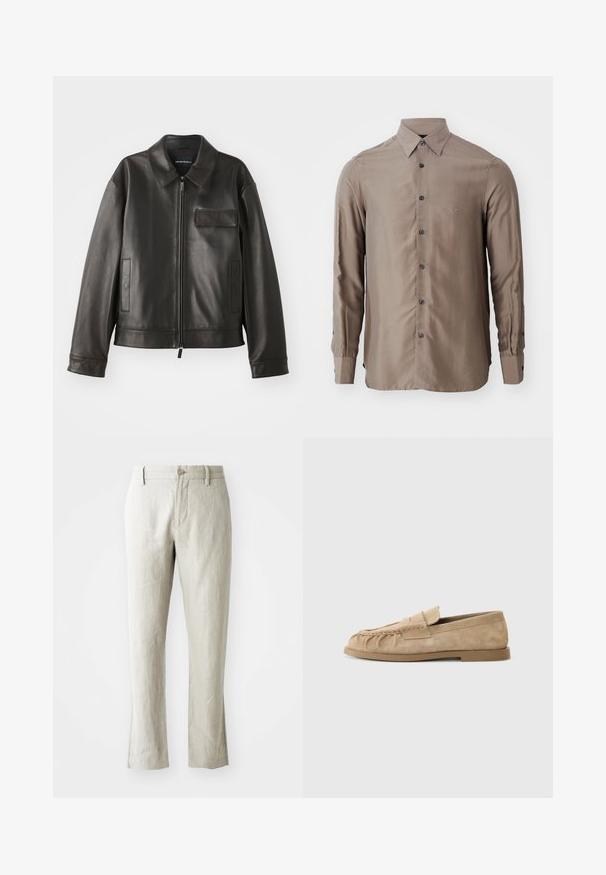 Melna ādas jaka ar apkakli, priekšējo rāvējslēdzi un diviem sānu kabatām. Iezīmē krūšu kabatu ar atloku un gludu tekstūru.; Ilgi piedurkņu krekls pelēkā krāsā, izgatavots no gludas auduma, ar pogājamu priekšpusi un tumšām pogām, ar mazu logotipu uz krūšu vietas.; Gai bēša lina bikses ar taisnu griezumu, smalku tekstūru, priekšējo pogu aizdari un divām sānu kabatām. Veidotas tīram siluetam.; Beige zamšainie slip-on loaferi ar saplacinātu dizainu, ar plakanu zoli un dekoratīvu siksniņu pār virsu. Gluda tekstūra.