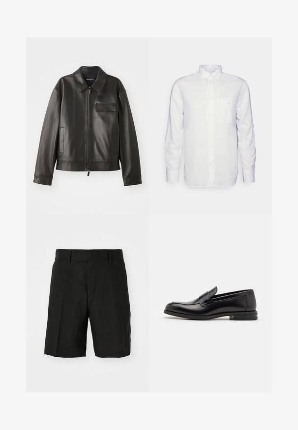 Black leather jacket with a collar, front zipper, and two side pockets. Features a chest pocket with flap detail and smooth texture.; Long-sleeve white shirt made of cotton, featuring a button-down collar, front pocket, and regular fit. Textured fabric with a smooth surface.; Black linen shorts with a relaxed fit, featuring a flat front, pockets on the sides, and a mid-length cut. Lightweight texture visible.; Black leather loafers with a smooth texture, rounded toe, and a decorative strap across the vamp. Low stacked heel, minimalist design.