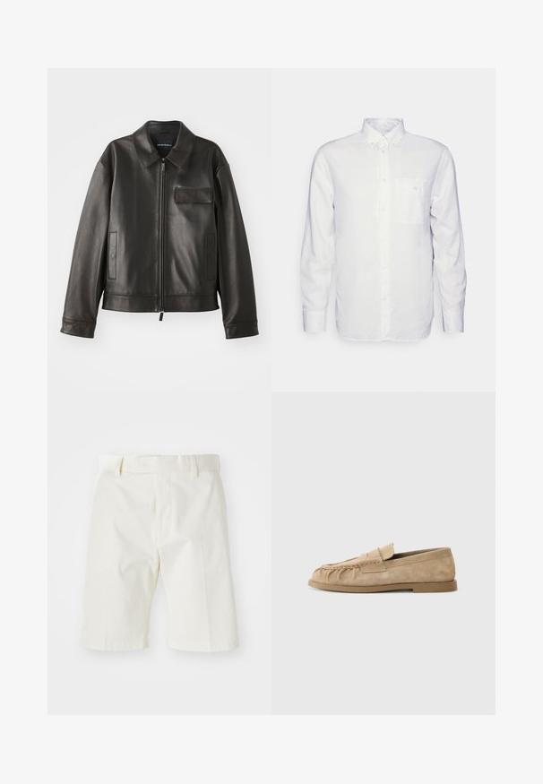 Must värvi nahast jakk, millel on krae, esitõmblus ja kaks külge taskut. Omab rinna taskut klapiga detailiga ja sujuva tekstuuriga.; Pikkade varrukatega valge puuvillane särk, millel on nööbitav krae, eesmine tasku ja tavaline lõike. Tekstureeritud kangas, mille pind on sile.; Valged puuvillased lühikesed püksid sirge lõikega, millel on lame esipaneel, naha pandlad ja sile tekstuur. Silmatorkavaid mustreid ega aktsente ei ole.; Beige nubukist slip-on loafers, mille palake kujundusega, millel on lame talla ja dekoratiivne rihm vöö vahel. Sile tekstuur.