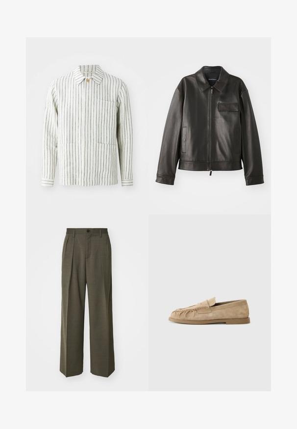 Schwarze Lederjacke mit Kragen, Frontreißverschluss und zwei Seitentaschen. Verfügt über eine Brusttasche mit Klappendetail und glatter Textur.; Gestreifte Jacke in Creme und Marine, aus leichtem Stoff gefertigt. Verfügt über einen Kragen, eine Knopfleiste und zwei frontale Taschen.; Filippa K WIDE TROUSERS - Stoffhose - driftwood; Beige Wildleder Slipper mit einer gerafften Gestaltung, ausgestattet mit einer flachen Sohle und einem dekorativen Riemen über dem Rist. Glatte Textur.