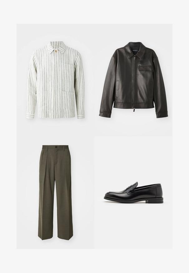 Černá kožená bunda s límcem, předním zipem a dvěma bočními kapsami. Obsahuje kapsu na hrudi s klopou a hladkou texturou.; Pruhovaná bunda v krémové a námořnické barvě, vyrobená z lehkého materiálu. Má límec, zapínání na knoflíky a dvě přední kapsy.; Filippa K WIDE TROUSERS - Kalhoty - driftwood; Černé kožené polobotky s hladkou texturou, zaoblenou špičkou a zdobným páskem přes nárt. Nízký stohovaný podpatek, minimalistický design.