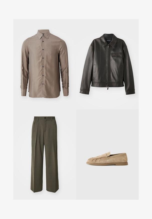 Zwarte leren jas met een kraag, voorkant met rits en twee zijzakken. Heeft een borstzak met klepsluiting en een gladde textuur.; Langarm overhemd in een taupe kleur, gemaakt van een gladde stof, met een knoopsluiting aan de voorkant en donkere knopen, voorzien van een klein logo op de borst.; Filippa K WIDE TROUSERS - Broek - driftwood; Beige suède instappers met een geraffineerd ontwerp, voorzien van een platte zool en een decoratieve strap over de wreef. Glad van structuur.