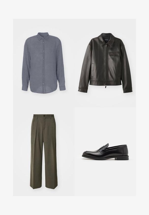 Giacca di pelle nera con colletto, zip frontale e due tasche laterali. Presenta una tasca sul petto con dettaglio a patta e una texture liscia.; Camicia blu navy con bottoni, caratterizzata da un motivo geometrico bianco, maniche lunghe e colletto classico, con una texture liscia e chiusura con bottoni.; Filippa K WIDE TROUSERS - Pantaloni - driftwood; Mocassini neri in pelle con una texture liscia, punta arrotondata e una striscia decorativa sulla tomaia. Tacco basso impilato, design minimalista.