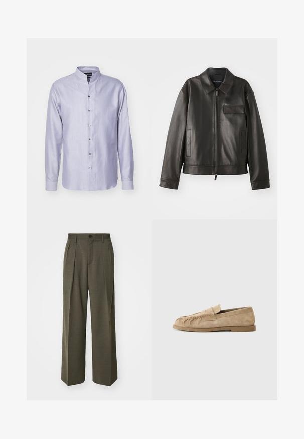 Black leather jacket with a collar, front zipper, and two side pockets. Features a chest pocket with flap detail and smooth texture.; Light blue long-sleeve shirt with a mandarin collar, featuring a subtle herringbone pattern and front button closure. Smooth fabric texture.; Filippa K WIDE TROUSERS - Trousers - driftwood; Beige suede slip-on loafers with a gathered design, featuring a flat sole and a decorative strap across the vamp. Smooth texture.