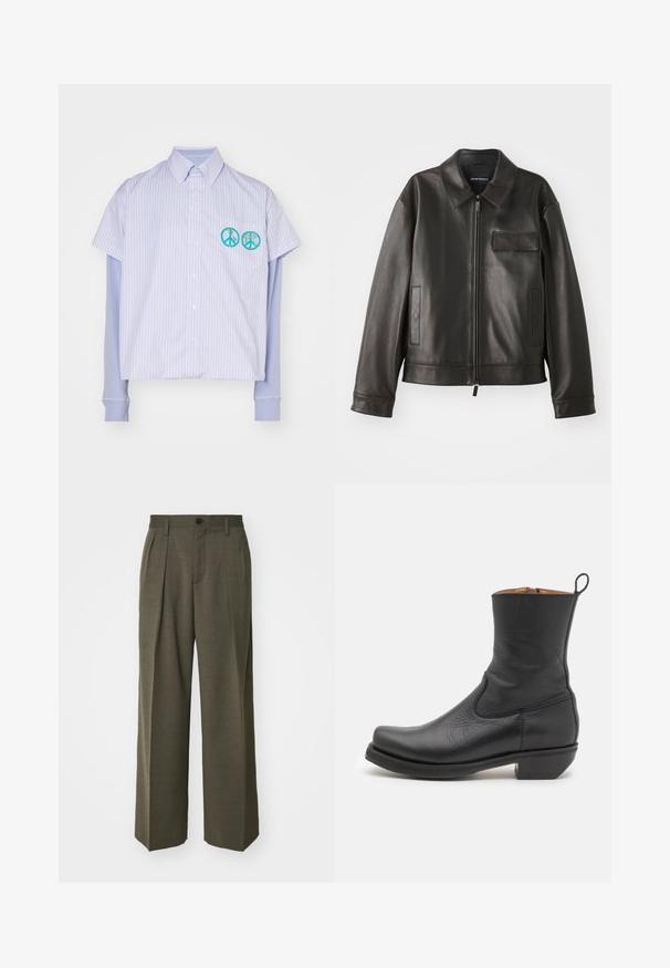 Must värvi nahast jakk, millel on krae, esitõmblus ja kaks külge taskut. Omab rinna taskut klapiga detailiga ja sujuva tekstuuriga.; Lühikeste varrukatega nööbitav särk helesiniste ja valgete triipudega, millel on lühike lõige. Omab kahte türkiissinist rahusümbolit tikandina.; Filippa K WIDE TROUSERS - Püksid - driftwood; Mustas nahast pahkluu saabas, mis on siledatoimeline, kitsa silueti ja külgsõmblustega, madala ruudukujulise kontsaga. Tagaküljel on tõmbetab.