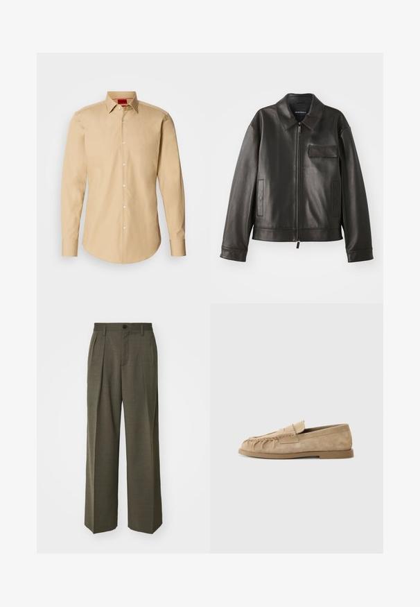 Giacca di pelle nera con colletto, zip frontale e due tasche laterali. Presenta una tasca sul petto con dettaglio a patta e una texture liscia.; Camicia beige con bottoni, realizzata in un tessuto liscio, dotata di un colletto classico, maniche lunghe e una texture sottile con bottoni bianchi.; Filippa K WIDE TROUSERS - Pantaloni - driftwood; Mocassini slip-on in suede beige con un design arricciato, dotati di suola piatta e una fascia decorativa sul collo del piede. Texture liscia.