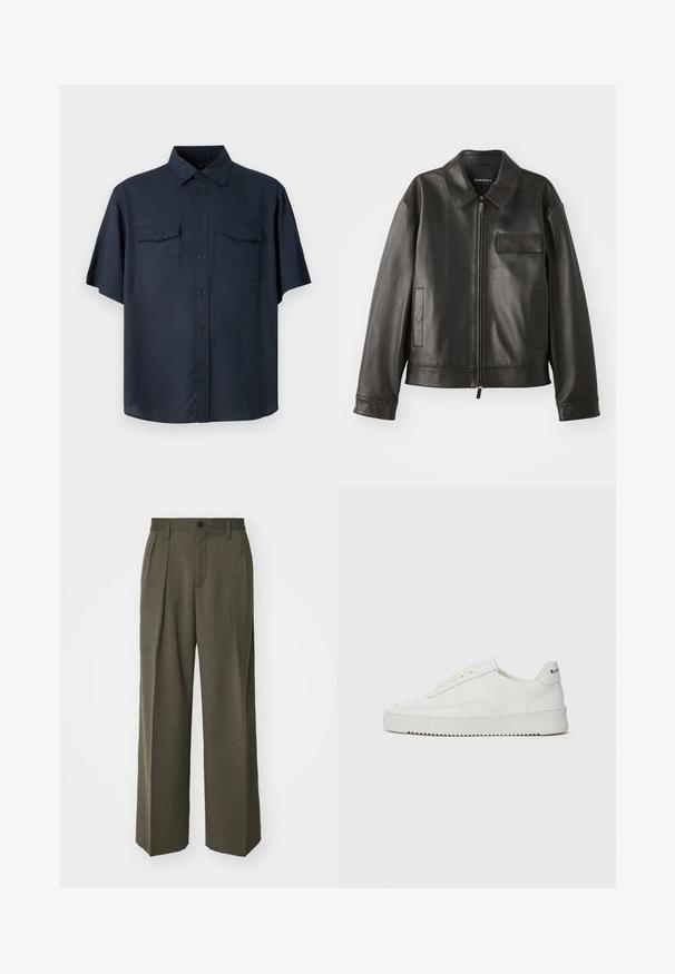 Giacca di pelle nera con colletto, zip frontale e due tasche laterali. Presenta una tasca sul petto con dettaglio a patta e una texture liscia.; Camicia a maniche corte con bottoni in tessuto blu scuro, dotata di due tasche sul petto, colletto classico e vestibilità comoda con orlo dritto.; Filippa K WIDE TROUSERS - Pantaloni - driftwood; Sneaker in pelle bianca con una finitura liscia, punta rotonda, lacci piatti e suola testurizzata. Presenta un logo discreto sul tallone.