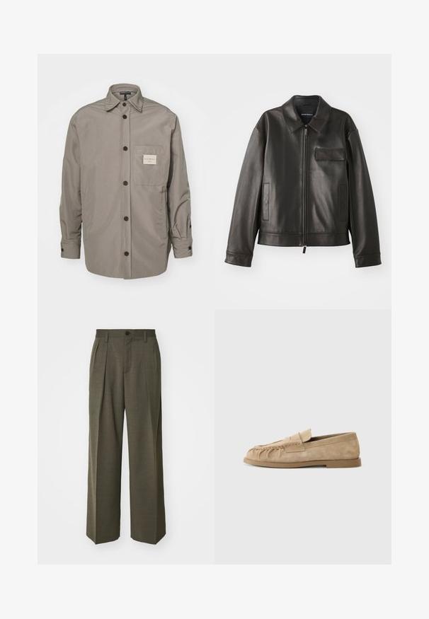 Melna ādas jaka ar apkakli, priekšējo rāvējslēdzi un diviem sānu kabatām. Iezīmē krūšu kabatu ar atloku un gludu tekstūru.; Pelēks jaku ar pogām, izgatavota no gludas auduma; tai ir krūšu kabata ar etiķeti, garas piedurknes un klasiskā apkakles dizains.; Filippa K WIDE TROUSERS - Auduma bikses - driftwood; Beige zamšainie slip-on loaferi ar saplacinātu dizainu, ar plakanu zoli un dekoratīvu siksniņu pār virsu. Gluda tekstūra.