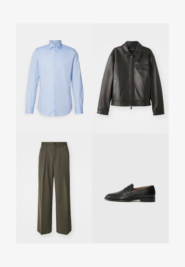 Fekete bőr dzseki gallérral, elülső cipzárral és két oldalsó zsebbek. Jellemzője a mellzsebpocket, amely fakkal díszített, sima textúrával.; Világoskék, hosszú ujjú gombos ing, szőtt anyagból készült. Feltűnő gallérral, gombos elejéhez és minimális logóval rendelkezik a mellrészen.; Filippa K WIDE TROUSERS - Nadrágok - driftwood; Fekete bőr mokaszin, kerek orral, diszkrét varrásokkal és alacsony sarokkal, sima felülettel és minimalista dizájnnal.