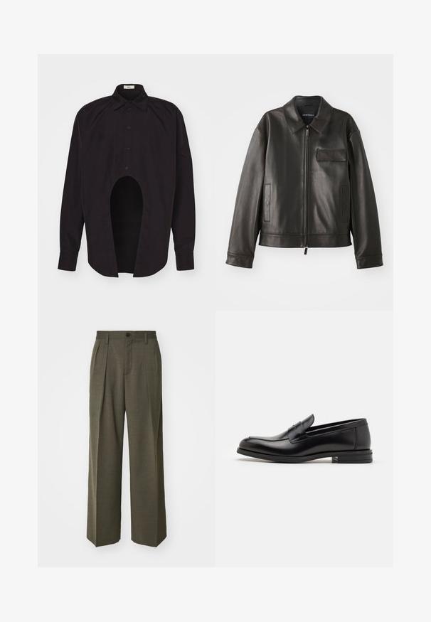 Giacca di pelle nera con colletto, zip frontale e due tasche laterali. Presenta una tasca sul petto con dettaglio a patta e una texture liscia.; GmbH GEIR MIX - Camicia - black; Filippa K WIDE TROUSERS - Pantaloni - driftwood; Mocassini neri in pelle con una texture liscia, punta arrotondata e una striscia decorativa sulla tomaia. Tacco basso impilato, design minimalista.
