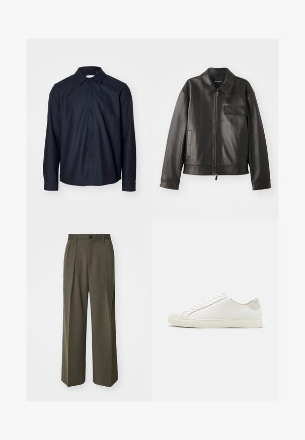 Zwarte leren jas met een kraag, voorkant met rits en twee zijzakken. Heeft een borstzak met klepsluiting en een gladde textuur.; Marineblauw, langemouwenshirt met een klassieke kraag, een knoopsluiting aan de voorkant en een gladde textuur met een getailleerde pasvorm.; Filippa K WIDE TROUSERS - Broek - driftwood; Witte leren sneaker met een gladde oppervlakte, ronde neus en minimalistisch ontwerp. Heeft beige accenten op de hiel en een rubberen zool.