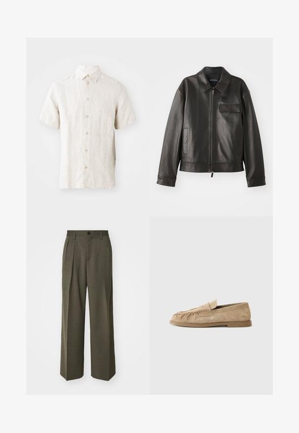 Veste en cuir noir avec un col, fermeture éclair à l'avant et deux poches latérales. Dispose d'une poche poitrine avec un rabat et une texture lisse.; Chemise en lin à manches courtes de couleur beige clair. Dotée d'un col classique, d'une fermeture à boutons et d'une texture subtile. Design épuré sans motifs.; Filippa K WIDE TROUSERS - Pantalon classique - driftwood; Mocassins slip-on en daim beige avec un design froncé, dotés d'une semelle plate et d'une bande décorative sur le devant. Texture lisse.