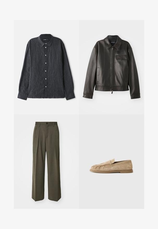 Jachetă din piele neagră cu guler, fermoar frontal și două buzunare laterale. Include un buzunar pe piept cu detaliu de clapetă și textură netedă.; Cămașă cu mânecă lungă din in gri închis, cu guler tip butonat, având un plasament frontal cu nasturi albi și o croială lejeră.; Filippa K WIDE TROUSERS - Pantaloni - driftwood; Loafers din ante bej, cu un design pliat, având o talpă plată și o bandă decorativă peste partea superioară. Textură netedă.