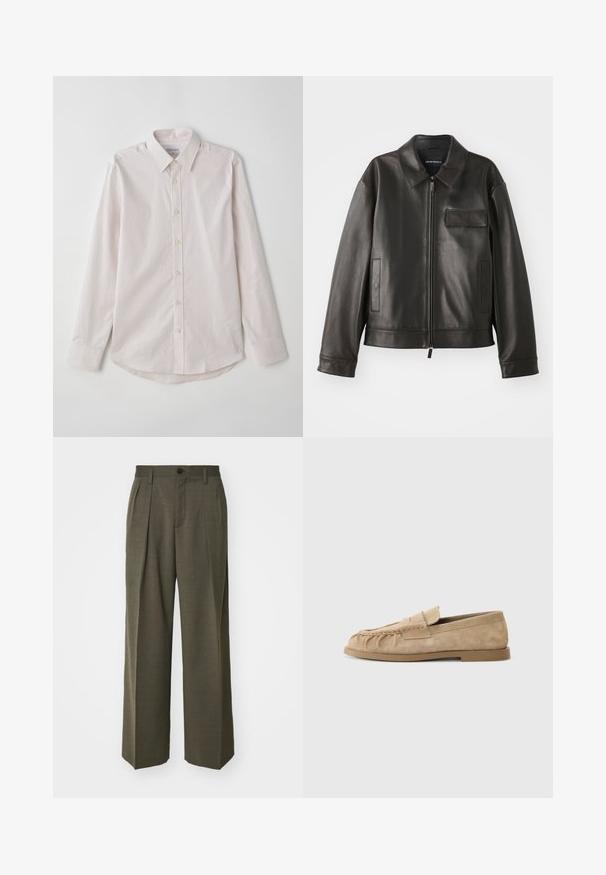 Svart läderjacka med krage, framdragkedja och två sidofickor. Har en bröstficka med klaffdetalj och slät yta.; Ljusrosa långärmad skjorta med knappar och sprundkrage, vertikala ränder och rundad nederkant. Har beige knappar och en slät yta.; Filippa K WIDE TROUSERS - Tygbyxor - driftwood; Beiga mockasiner i ruggat läder med en samlad design, som har en platt sula och ett dekorativt band över framfoten. Slät textur.
