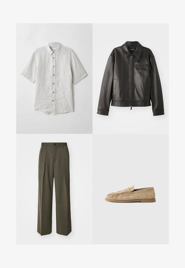 Černá kožená bunda s límcem, předním zipem a dvěma bočními kapsami. Obsahuje kapsu na hrudi s klopou a hladkou texturou.; Košile s krátkým rukávem z lehkého šedého lnu. Obsahuje klasický límec, knoflíkovou přípravu a mírně zakřivený lem. Měkká textura s minimálními vráskami.; Filippa K WIDE TROUSERS - Kalhoty - driftwood; Béžové semišové slip-on mokasíny s nařaseným designem, mají plochou podrážku a dekorativní pásek přes nárt. Hladký povrch.