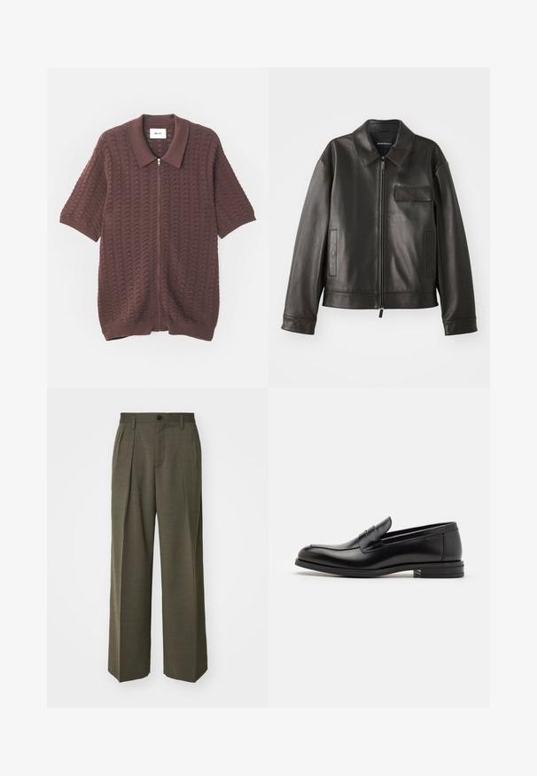 Chaqueta de cuero negro con cuello, cremallera frontal y dos bolsillos laterales. Presenta un bolsillo en el pecho con detalle de solapa y textura suave.; Camisa de punto burdeos de manga corta con cremallera, con un patrón de olas texturizadas y un cuello abierto, que presenta puños y dobladillo acanalados.; Filippa K WIDE TROUSERS - Pantalones - driftwood; Mocasines de cuero negro con una textura suave, puntera redondeada y una tira decorativa en el empeine. Tacón bajo apilado, diseño minimalista.