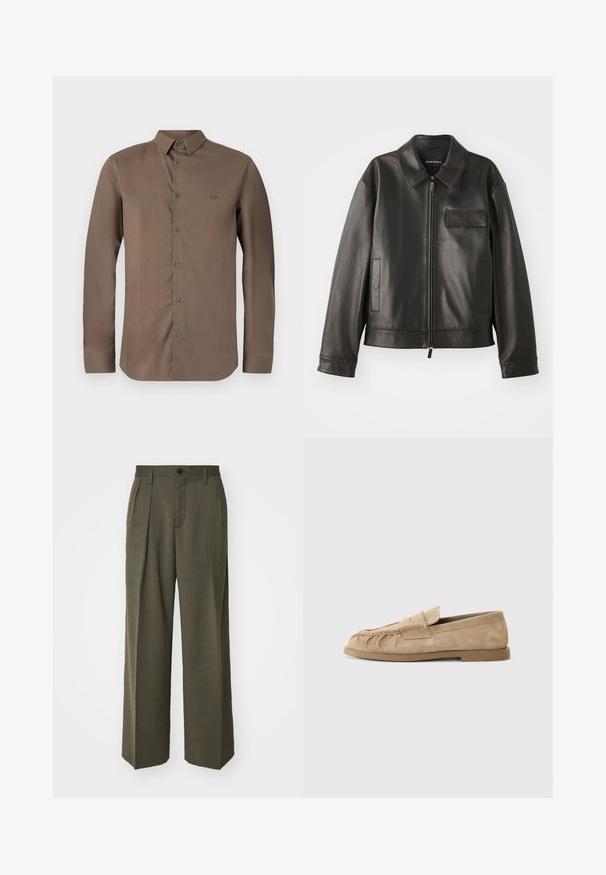 Juodas odinis švarkas su apykakle, priekiniu užtrauktuku ir dviem šoninėmis kišenėmis. Yra krūtinės kišenė su užsegimu ir lygaus paviršiaus tekstūra.; Emporio Armani Marškiniai - chocolate chip; Filippa K WIDE TROUSERS - Kelnės - driftwood; Bežiniai suede slip-on loaferi su surinkta dizainu, turintys plokščią padas ir dekoratyvinę juostelę per vampą. Lygi tekstūra.